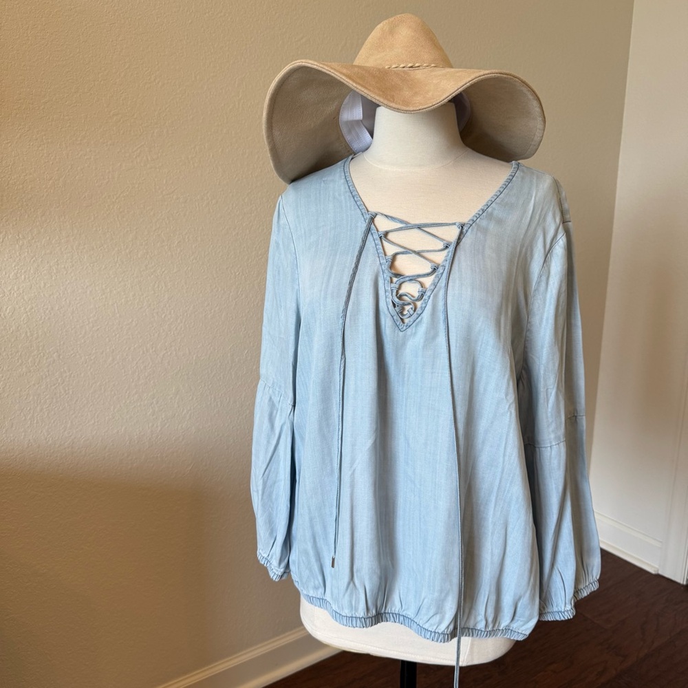 White House Black Market Light Blue Lace-Up Blouse